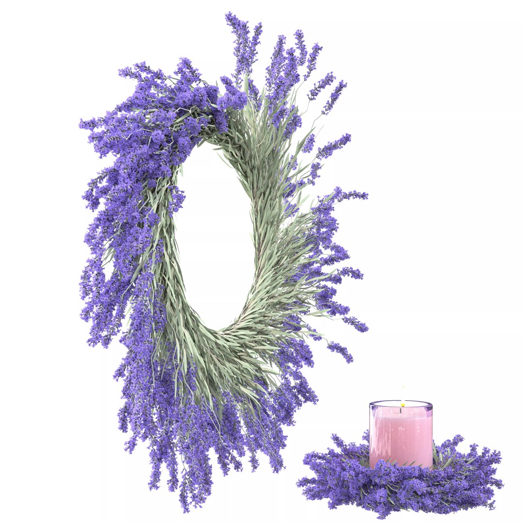Lavender Wreath 3D Model – Decorative Floral Set with Candles, FBX - View 3