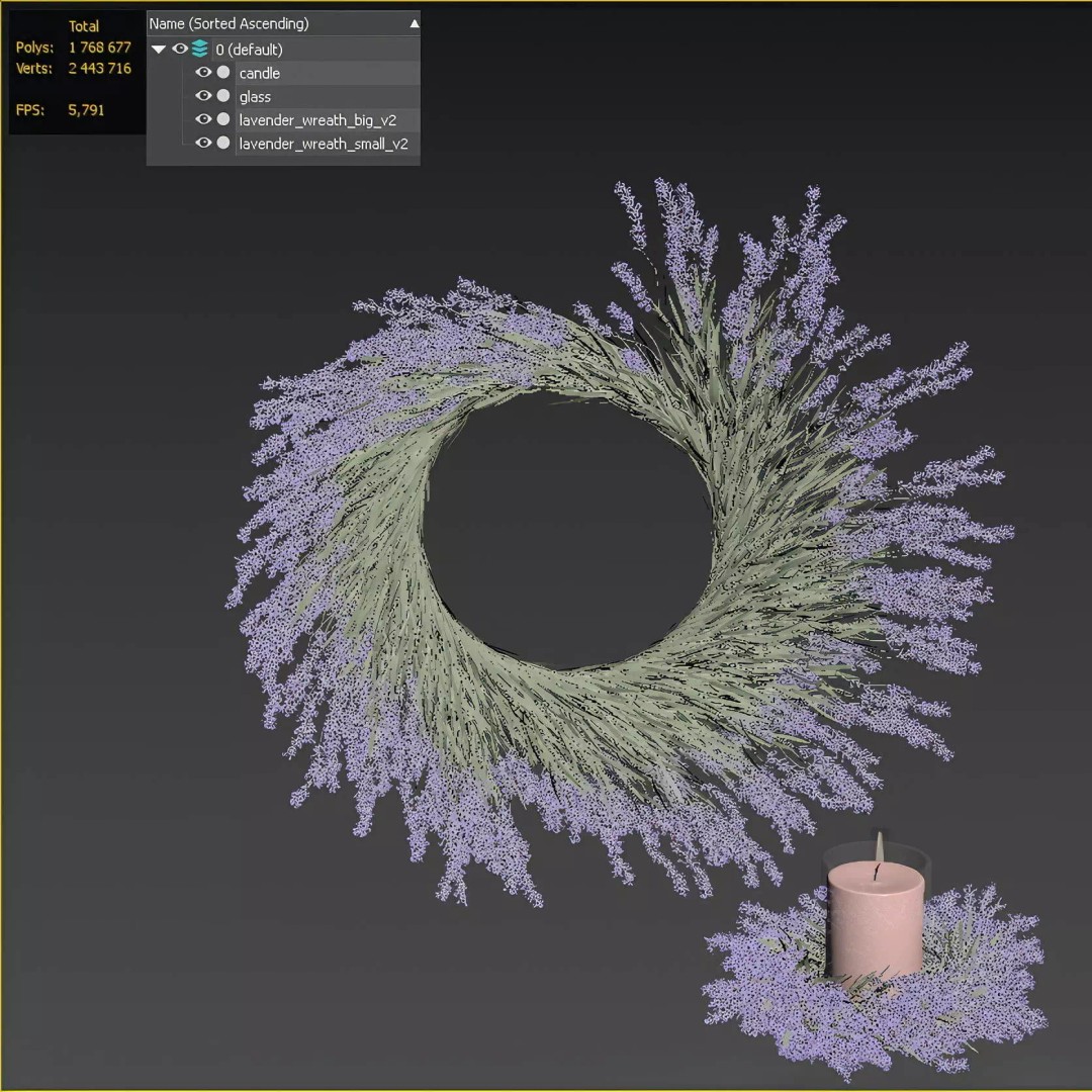 Lavender Wreath 3D Model – Decorative Floral Set with Candles, FBX - View 8