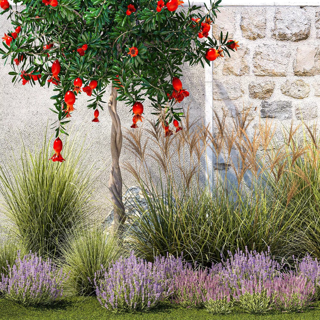Garden with Lavender and Flowering Pomegranate Trees 3D Model – PBR Landscape Asset, FBX - View 13