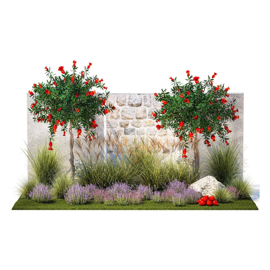 Garden with Lavender and Flowering Pomegranate Trees 3D Model – PBR Landscape Asset, FBX - View 2
