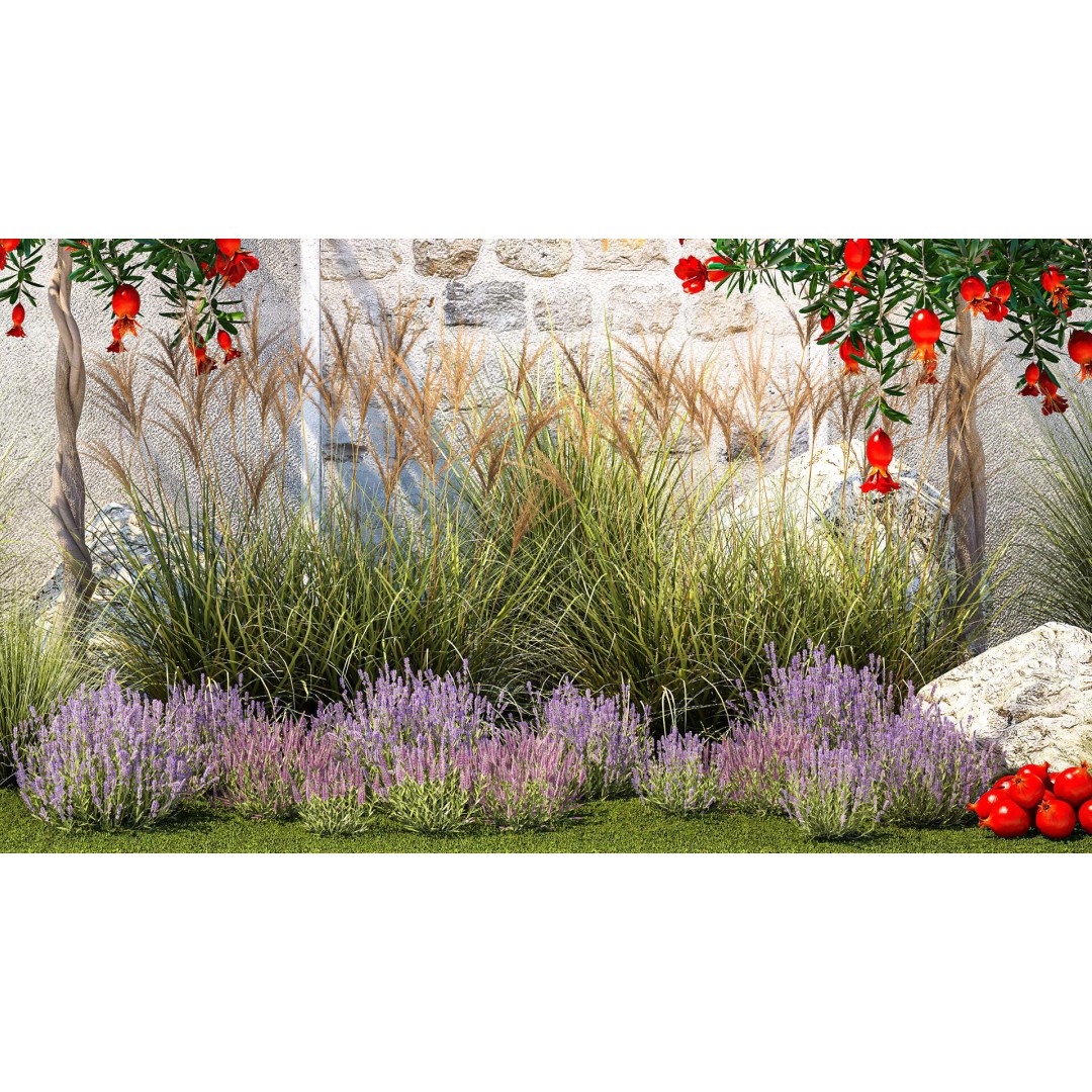 Garden with Lavender and Flowering Pomegranate Trees 3D Model – PBR Landscape Asset, FBX - View 4