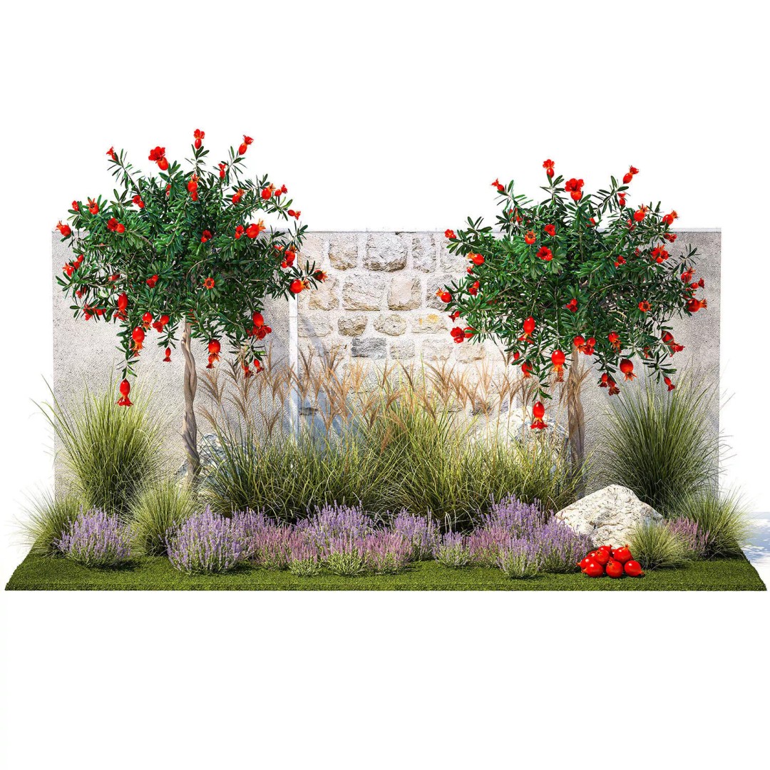 Garden with Lavender and Flowering Pomegranate Trees 3D Model – PBR Landscape Asset, FBX - View 9