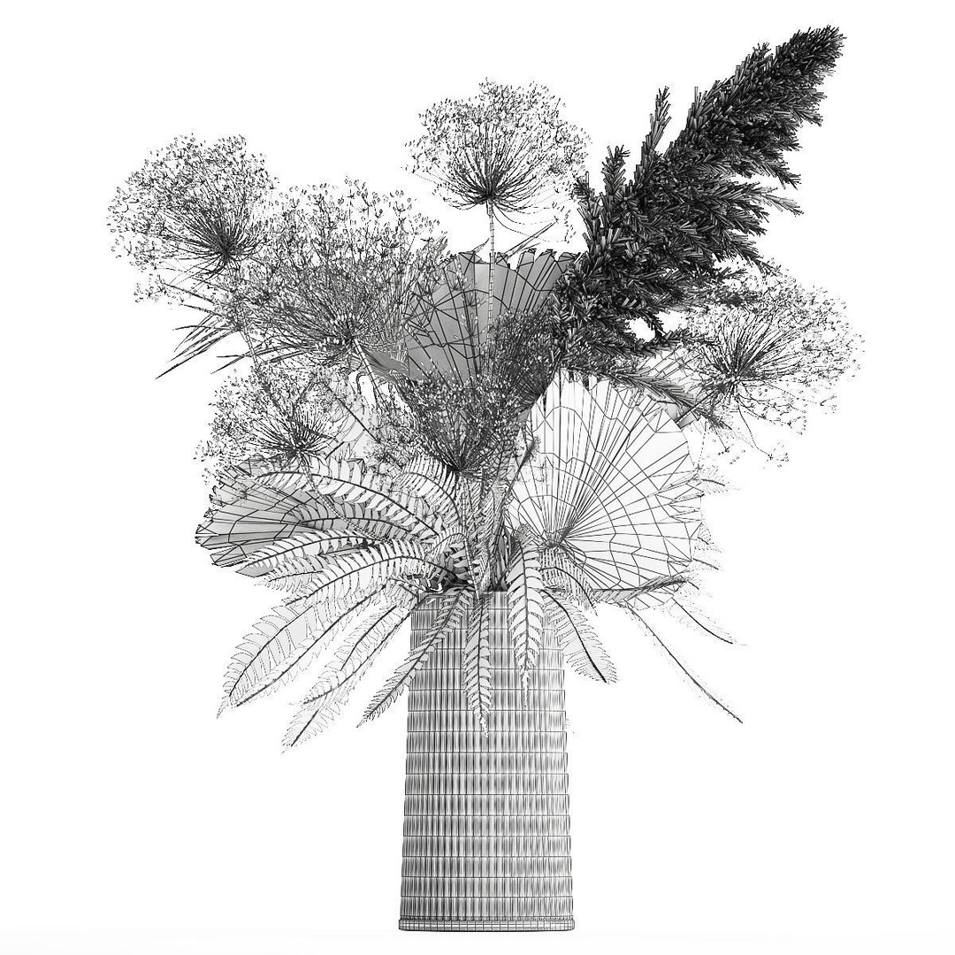 Bouquet Of Dried Flowers 3D Model – Modern Decorative Vase, FBX
