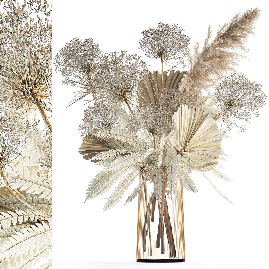 Bouquet Of Dried Flowers 3D Model – Modern Decorative Vase, FBX - View 9
