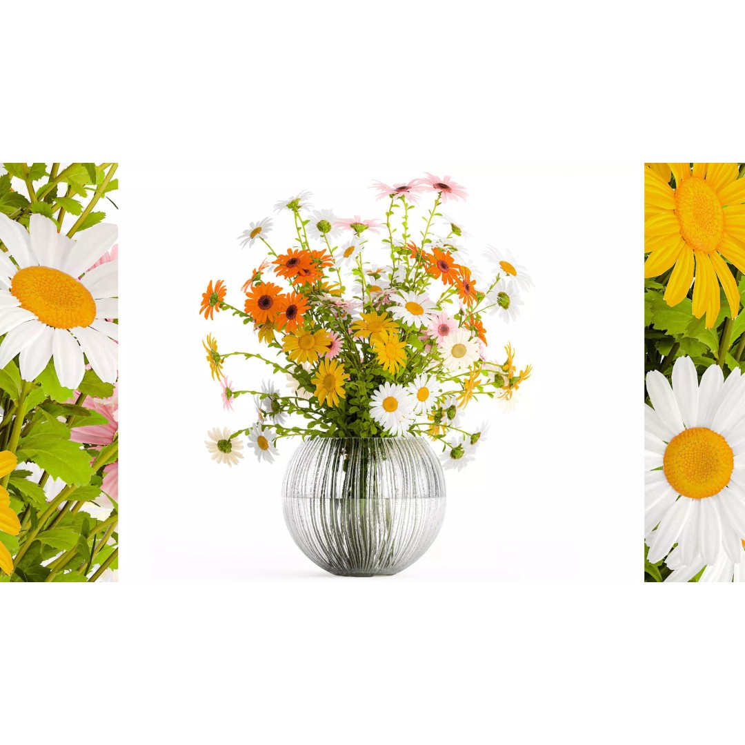 Bouquet of Wildflowers 3D Model – Modern Vase Decor, FBX, PBR - View 2