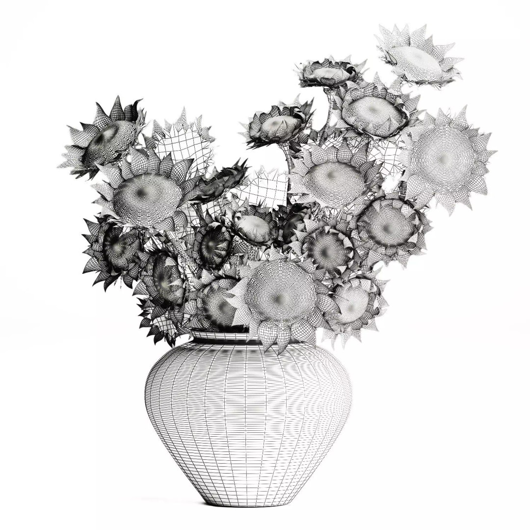 Realistic Sunflower Bouquet 3D Model – Modern Ceramic Vase, FBX