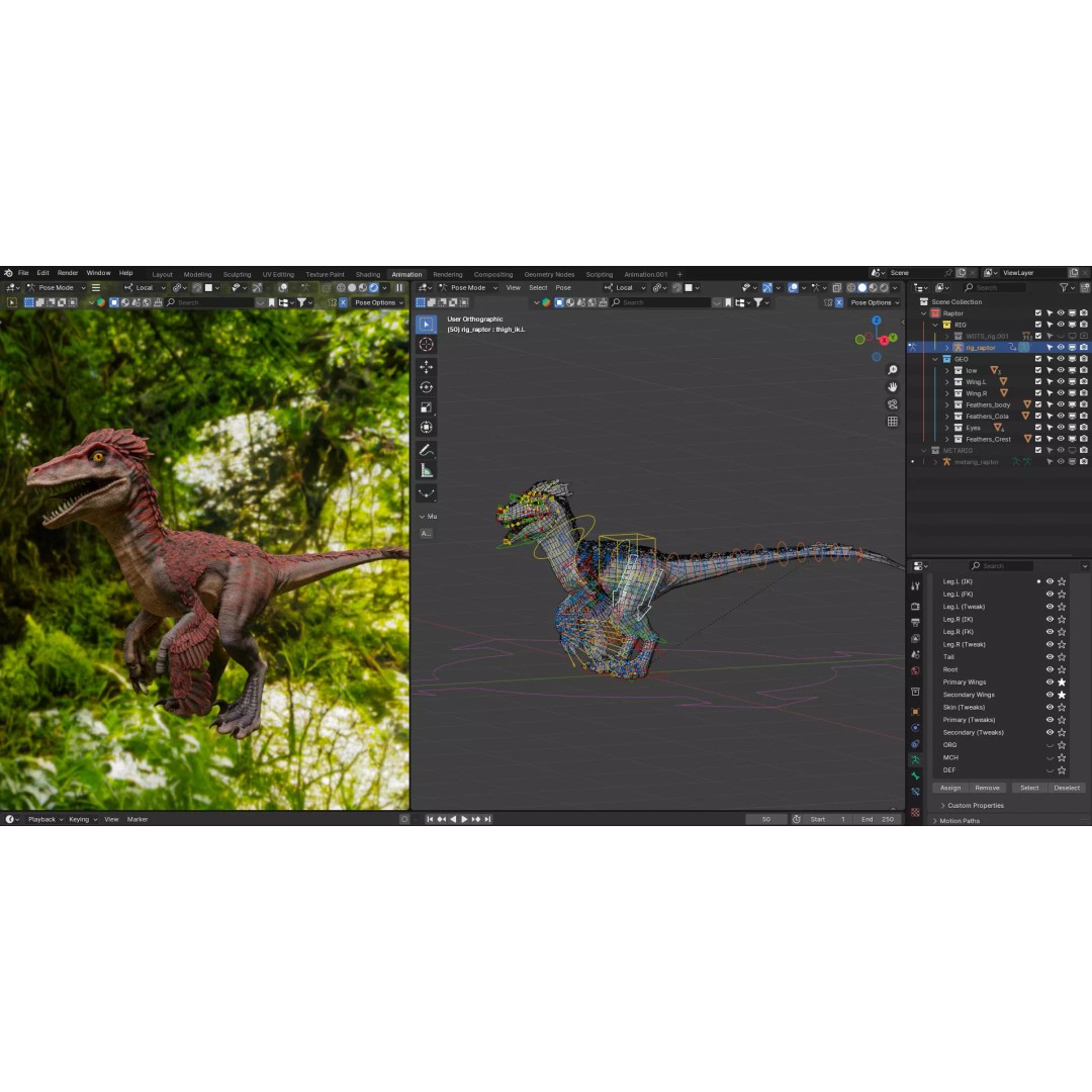 Feathered Raptor 3D Model – Rigged Low Poly Dinosaur for Games, FBX - View 10