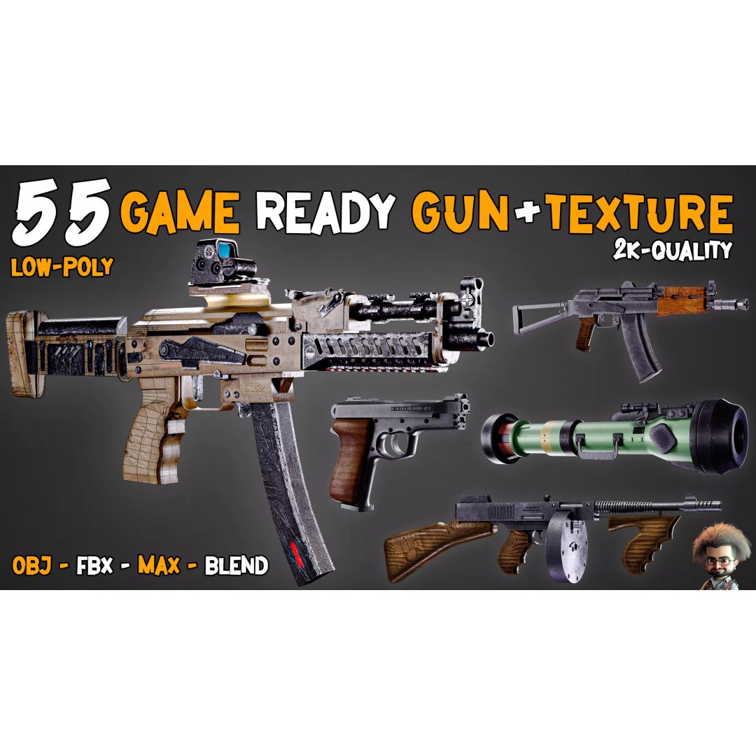 55 Game-Ready Guns 3D Model – Low-Poly Weapons Pack, FBX, OBJ - View 2