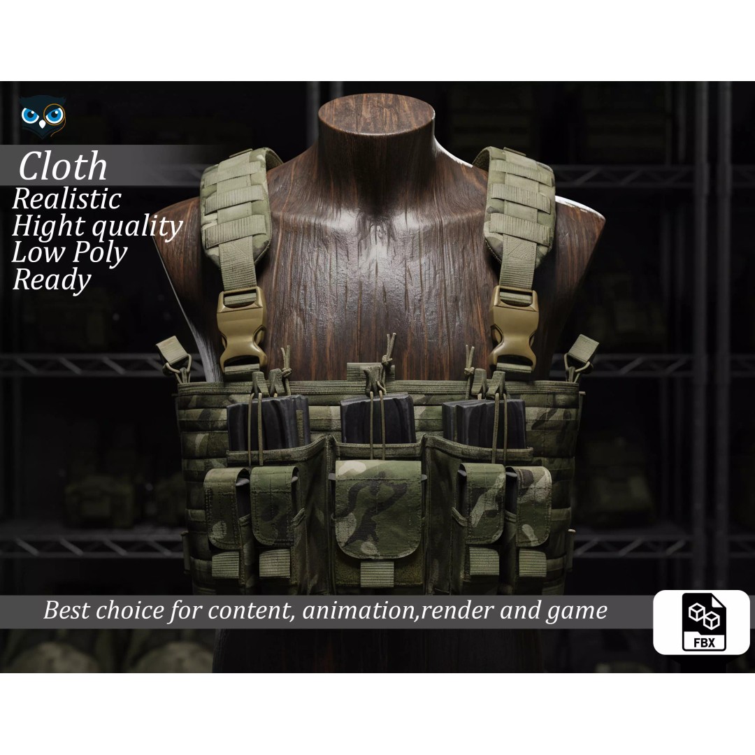 Tactical Chest Rig 3D Model – Low Poly Multicam Camouflage, FBX - View 2
