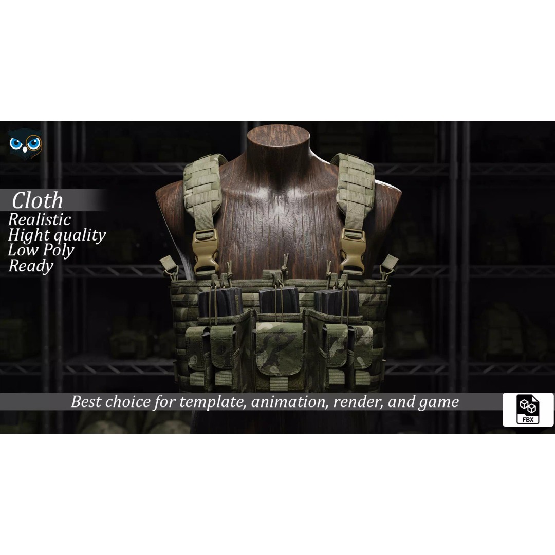 Tactical Chest Rig 3D Model – Low Poly Multicam Camouflage, FBX - View 5