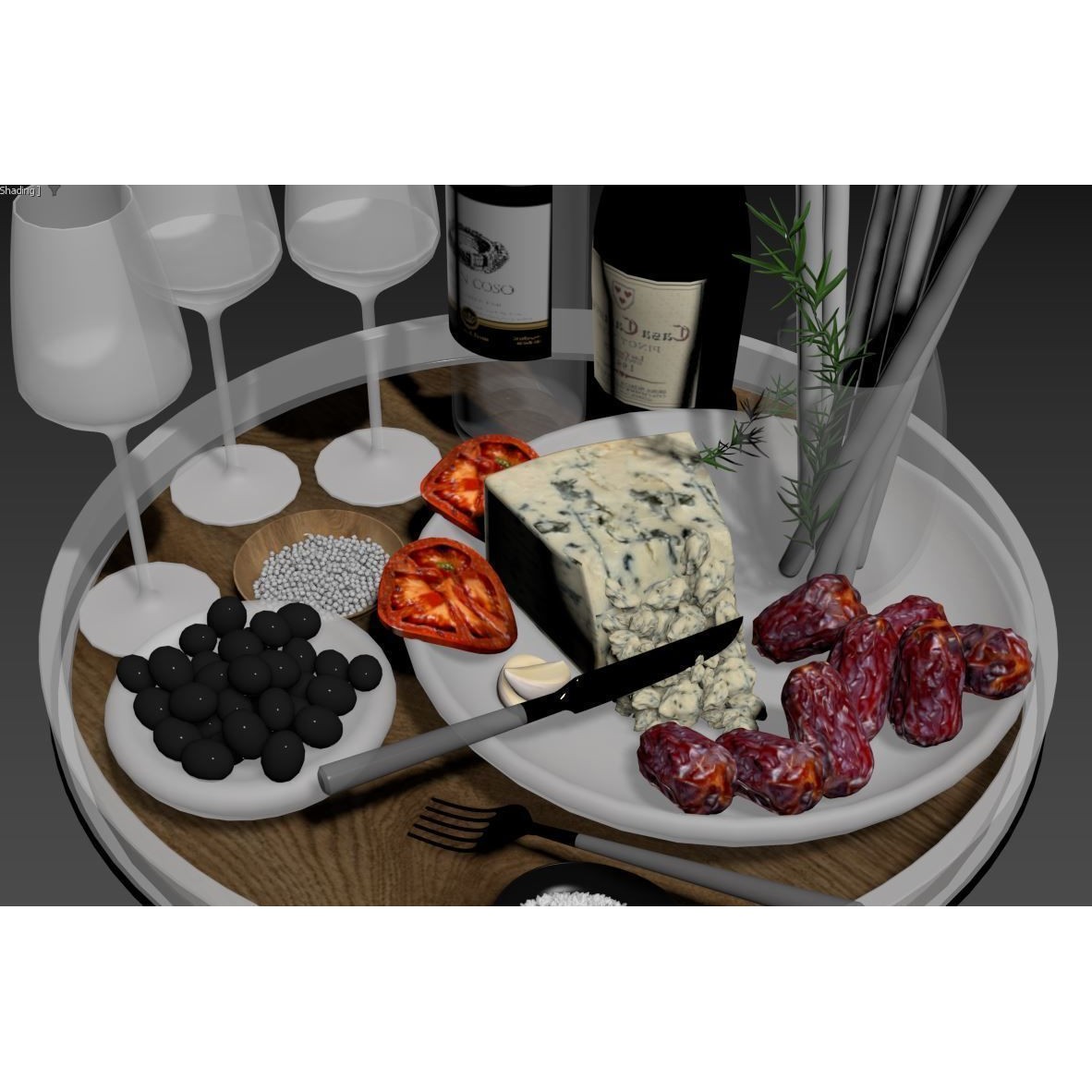 Cheese Plate with Sausages and Wine - 3D Model