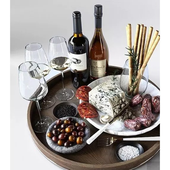 Cheese Plate with Sausages and Wine - 3D Model - View 2