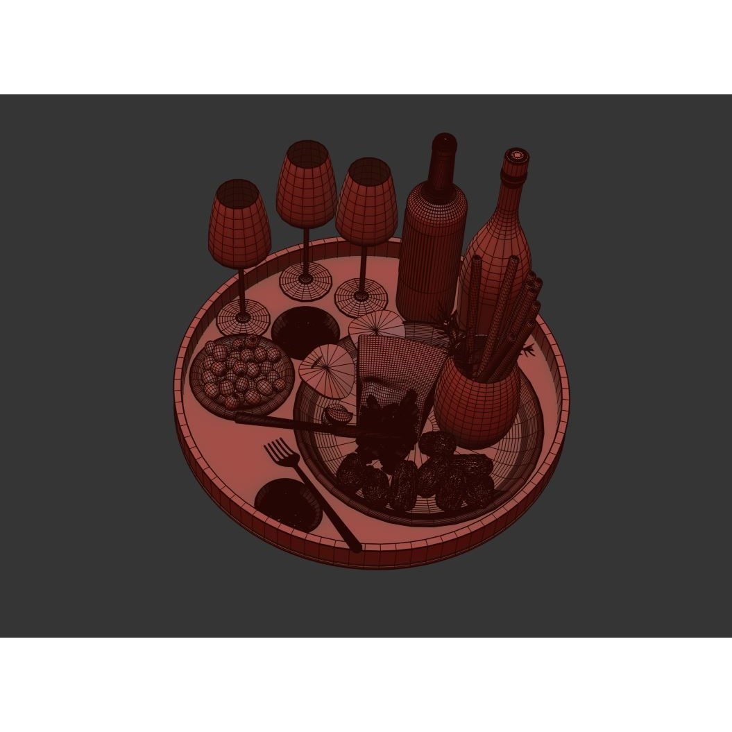 Cheese Plate with Sausages and Wine - 3D Model - View 3