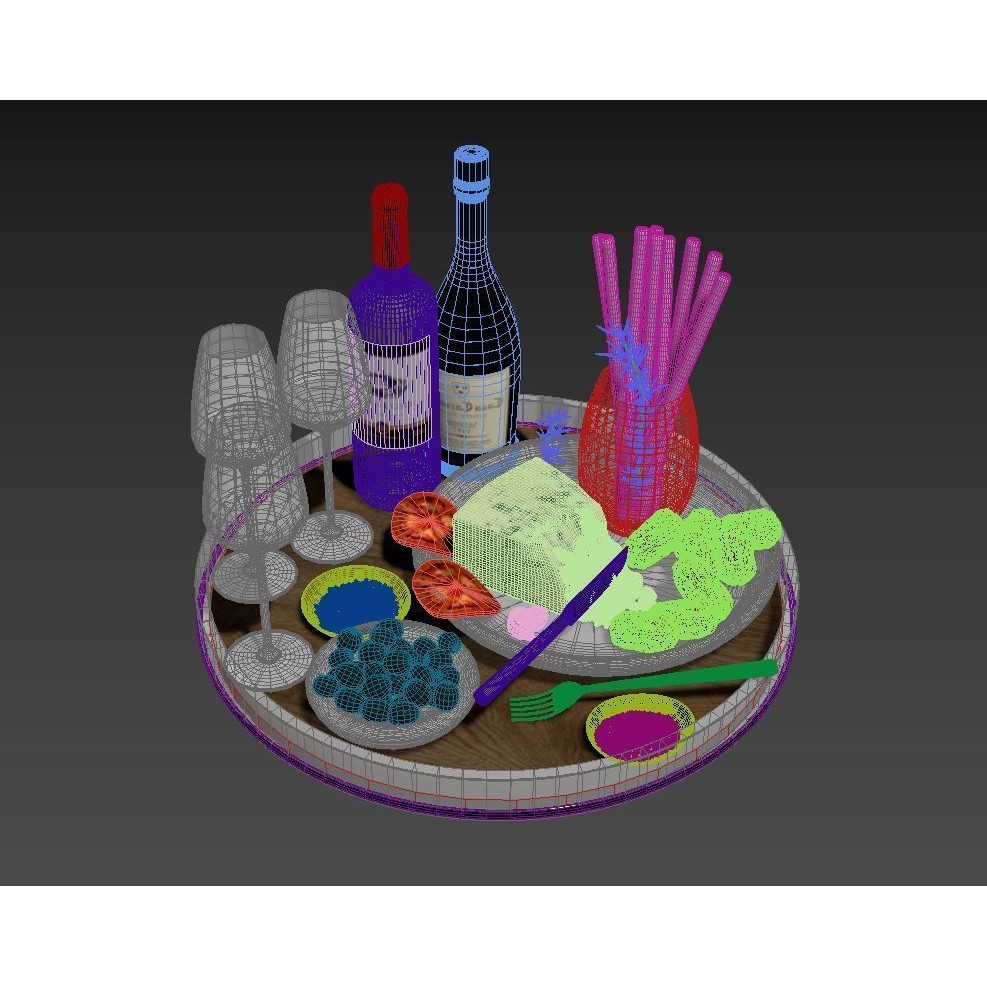 Cheese Plate with Sausages and Wine - 3D Model - View 4