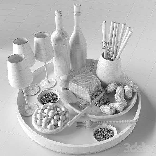 Cheese Plate with Sausages and Wine - 3D Model - View 5