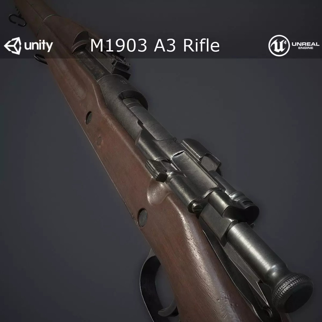 M1903 A3 Rifle 3D Model – Low Poly Game Ready Asset, FBX, PBR - View 2