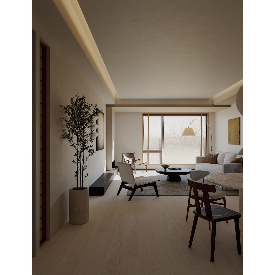 Wabi-Sabi Living and Dining Room 3D Model – Textured Interior, Corona Renderer