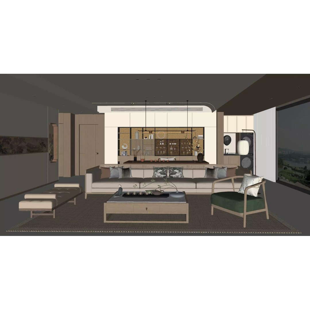 Chinese Style Living and Dining Room 3D Model – Elegant Interior Design, FBX - View 10