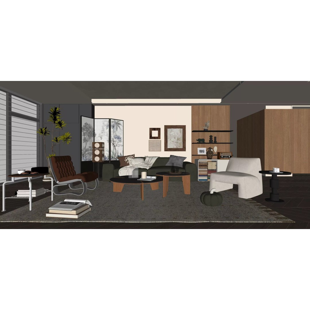Mid-century Modern Living Room 3D Model – Vintage Design, Blender, FBX, OBJ