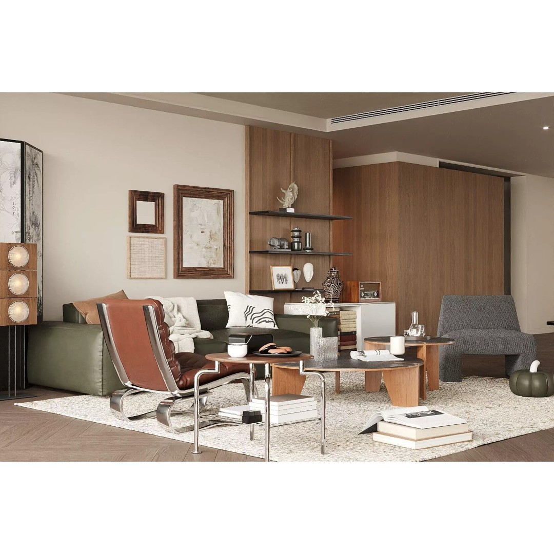 Mid-century Modern Living Room 3D Model – Vintage Design, Blender, FBX, OBJ - View 3