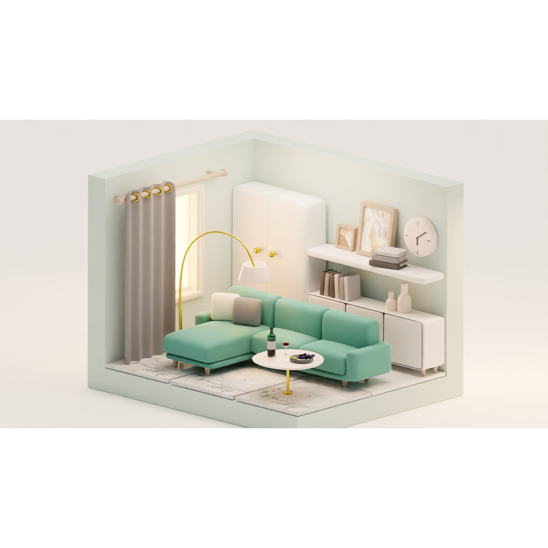 Isometric Cartoon Living Room 3D Model – Low Poly Interior Pack, FBX, OBJ - View 10
