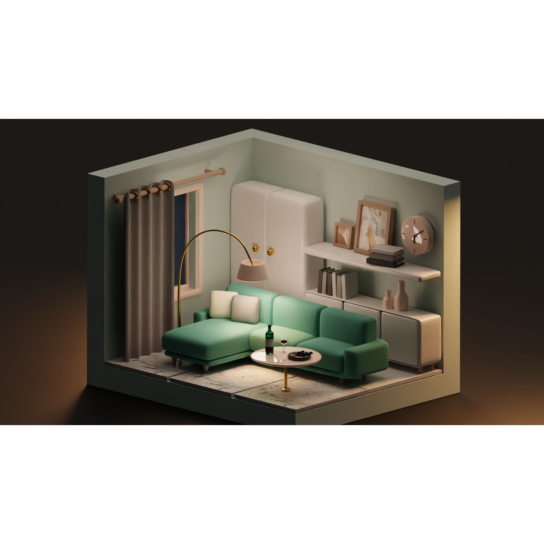 Isometric Cartoon Living Room 3D Model – Low Poly Interior Pack, FBX, OBJ - View 11