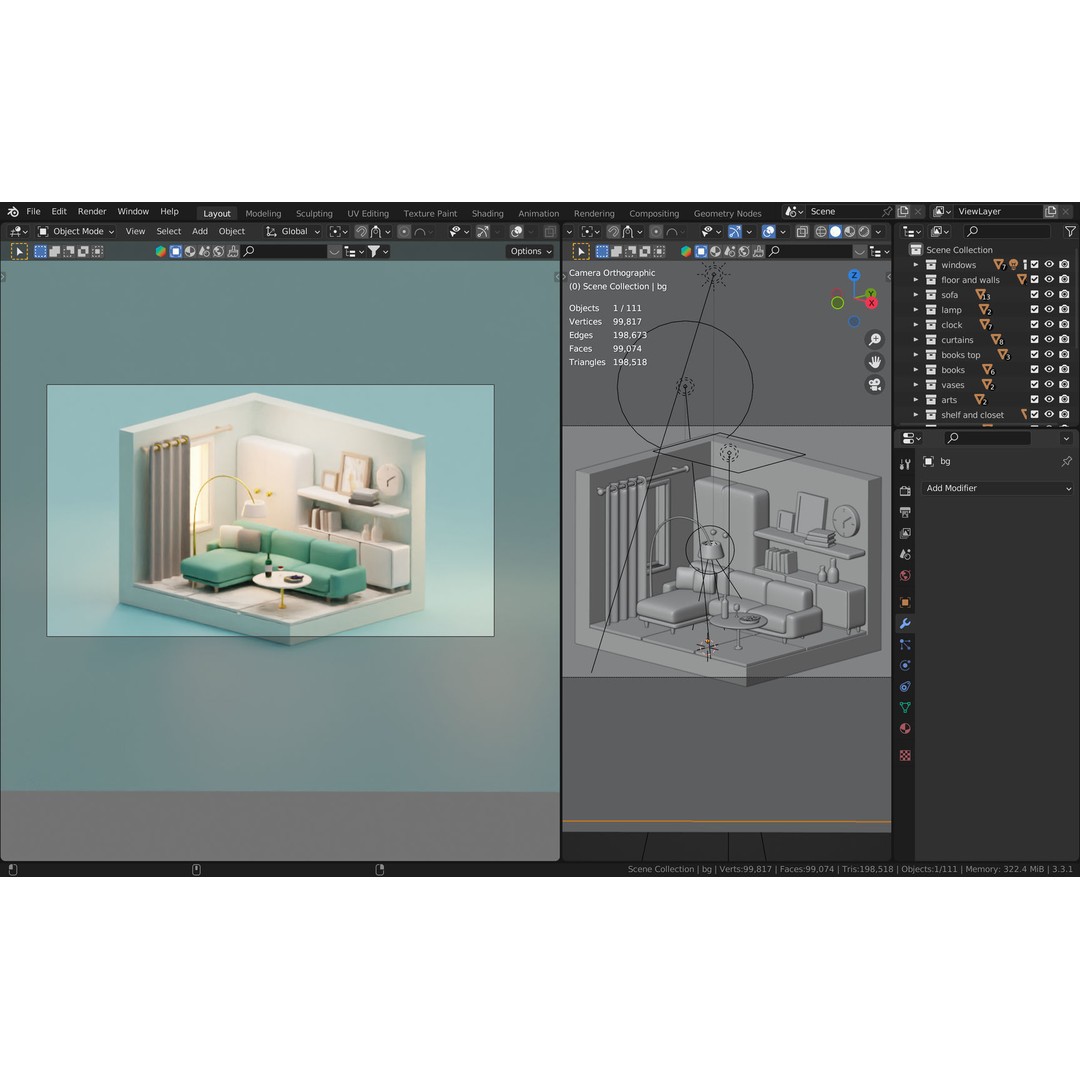 Isometric Cartoon Living Room 3D Model – Low Poly Interior Pack, FBX, OBJ - View 12