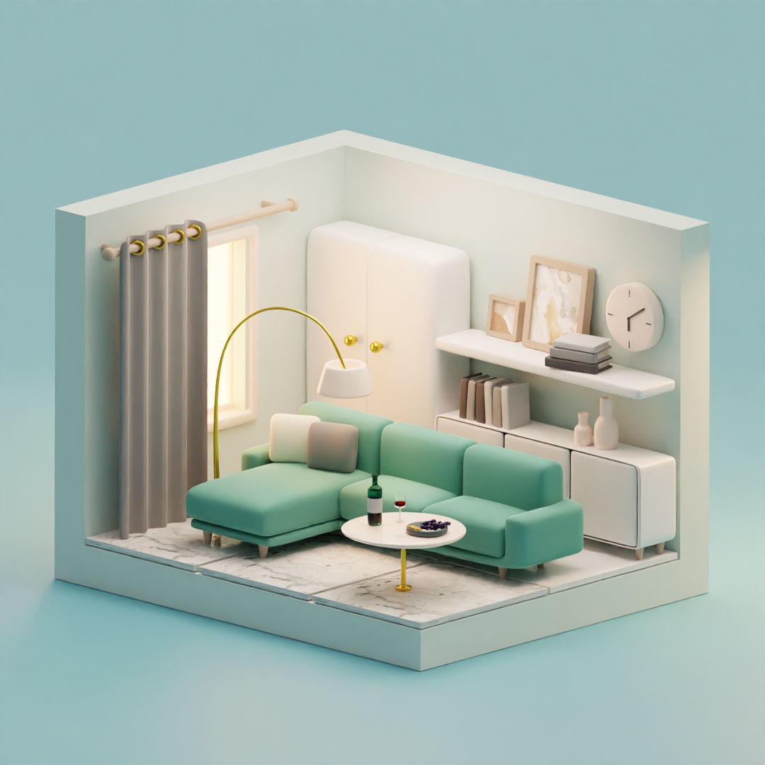 Isometric Cartoon Living Room 3D Model – Low Poly Interior Pack, FBX, OBJ - View 13
