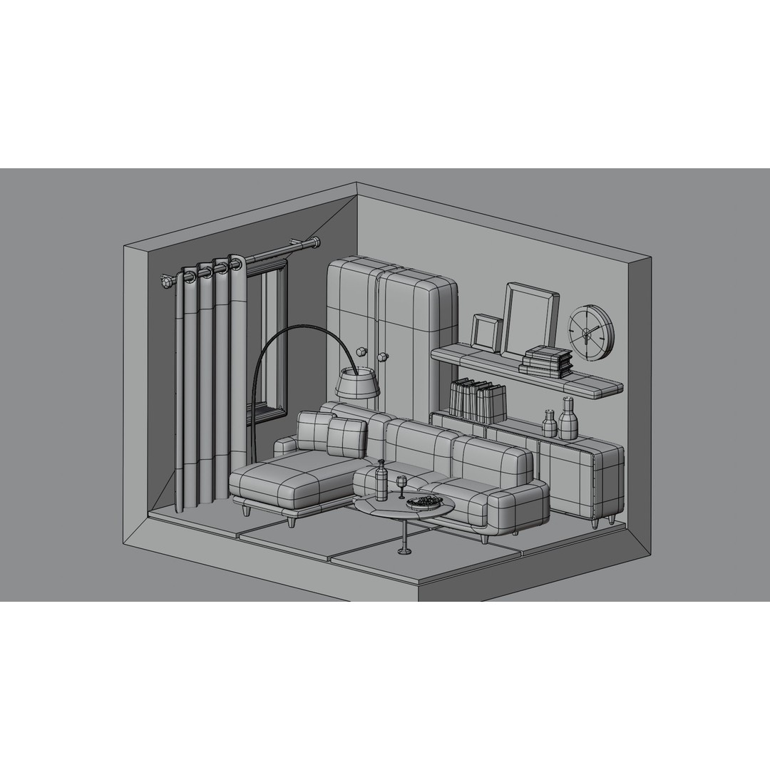 Isometric Cartoon Living Room 3D Model – Low Poly Interior Pack, FBX, OBJ - View 14