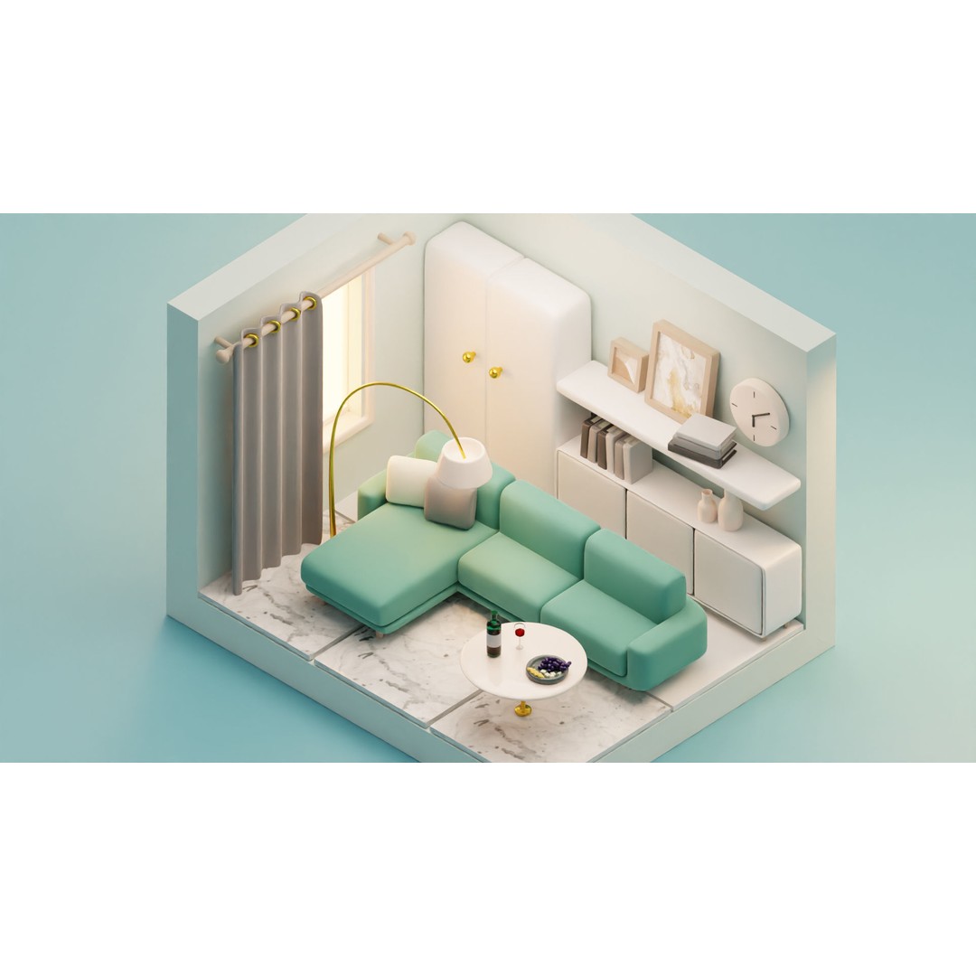 Isometric Cartoon Living Room 3D Model – Low Poly Interior Pack, FBX, OBJ - View 3