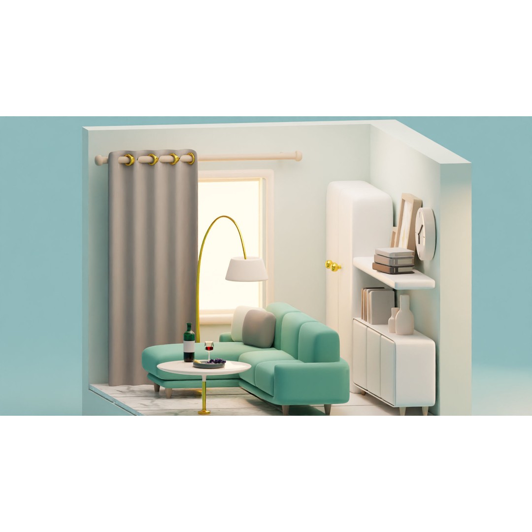 Isometric Cartoon Living Room 3D Model – Low Poly Interior Pack, FBX, OBJ - View 8