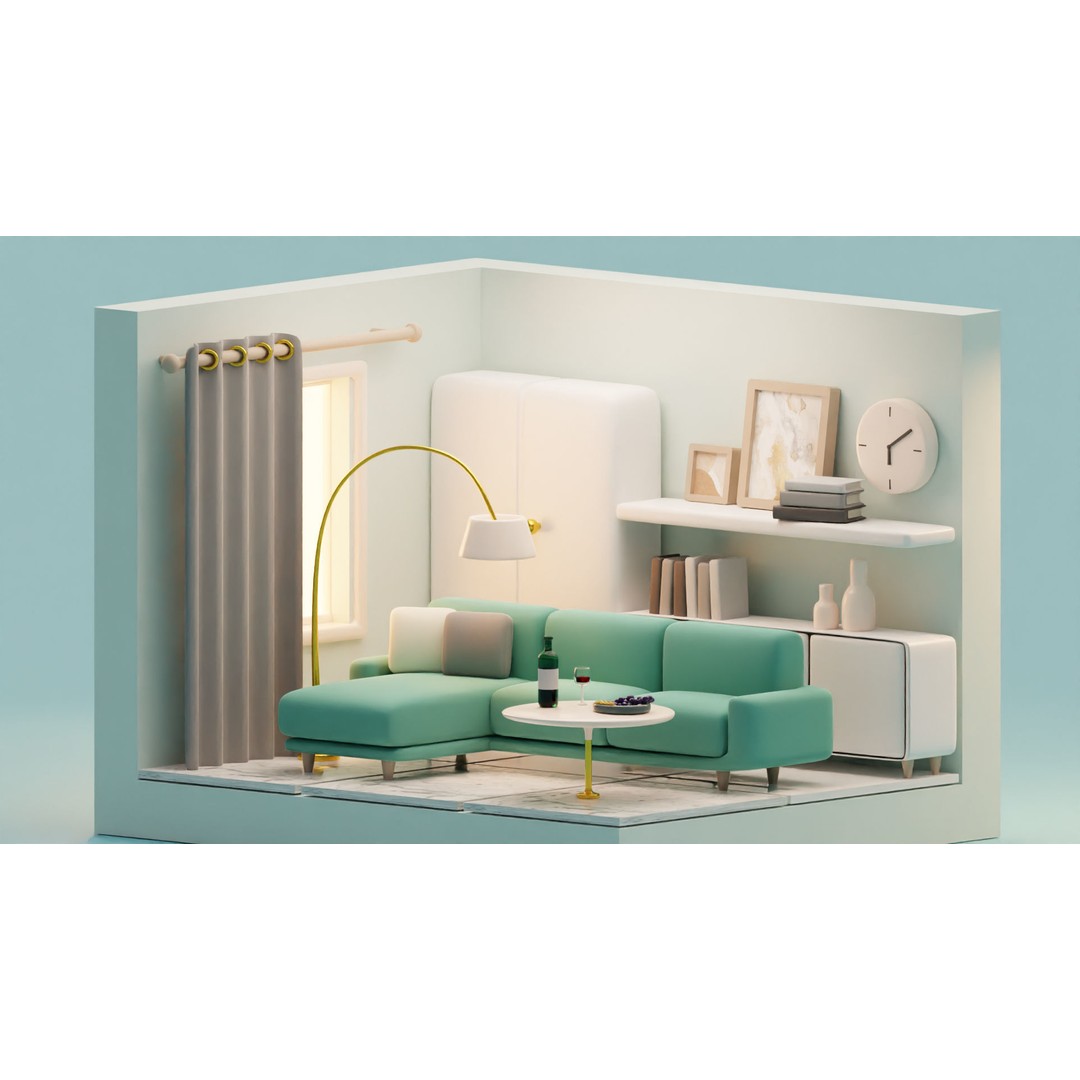 Isometric Cartoon Living Room 3D Model – Low Poly Interior Pack, FBX, OBJ - View 9