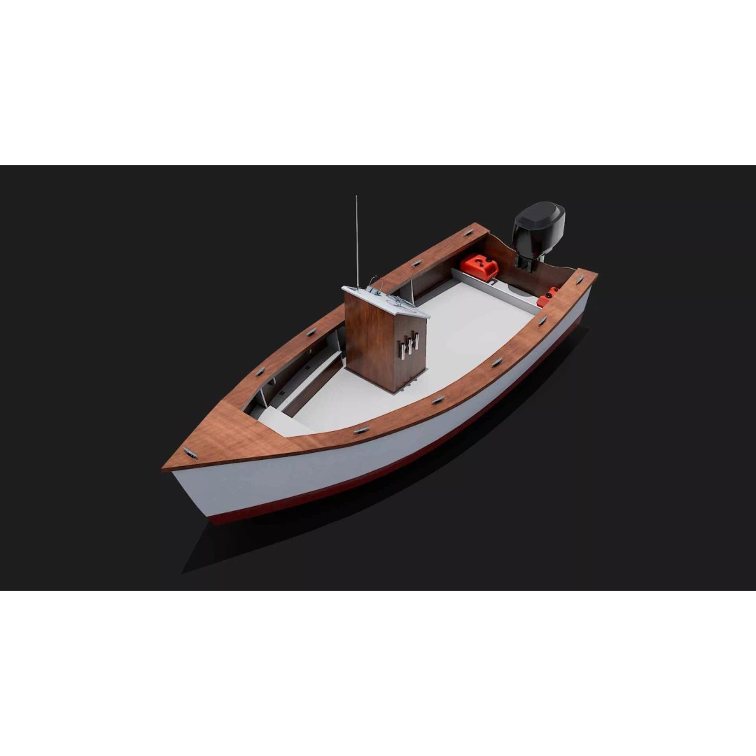 Lumber Yard Skiff 3D Model – Detailed Wooden Boat with Outboard Motor - View 2