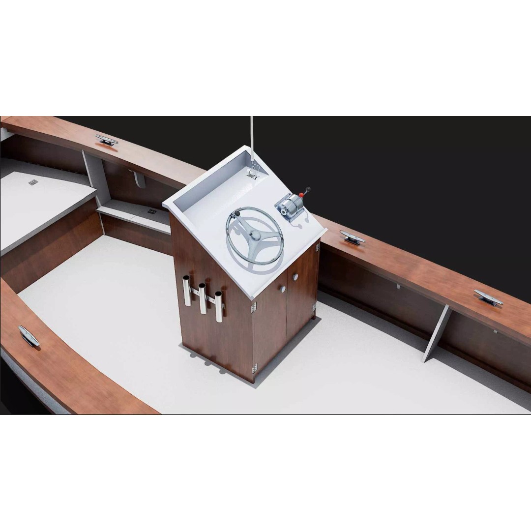 Lumber Yard Skiff 3D Model – Detailed Wooden Boat with Outboard Motor - View 3