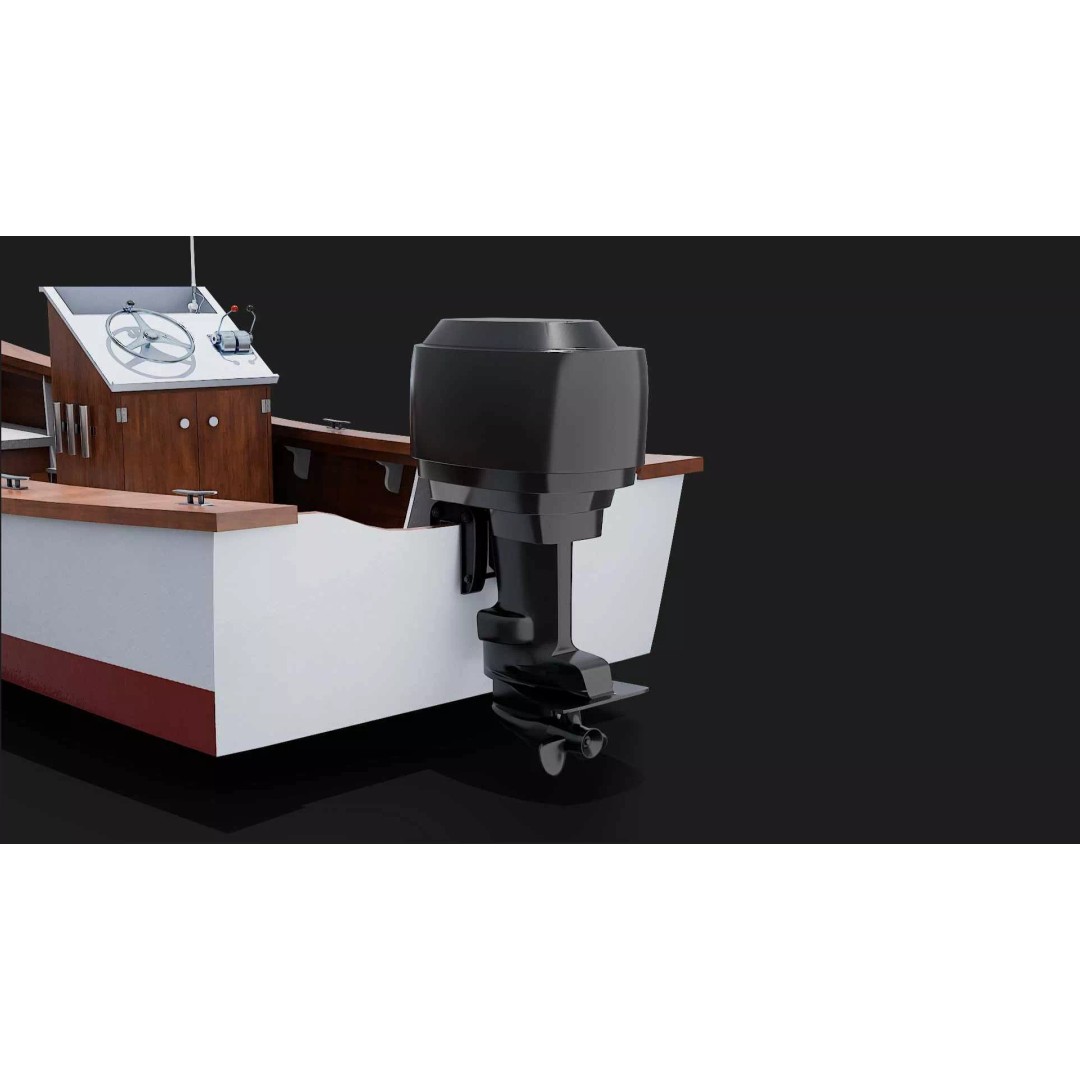 Lumber Yard Skiff 3D Model – Detailed Wooden Boat with Outboard Motor - View 4