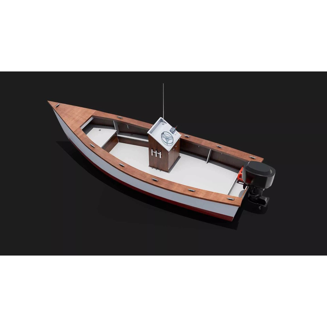 Lumber Yard Skiff 3D Model – Detailed Wooden Boat with Outboard Motor - View 5