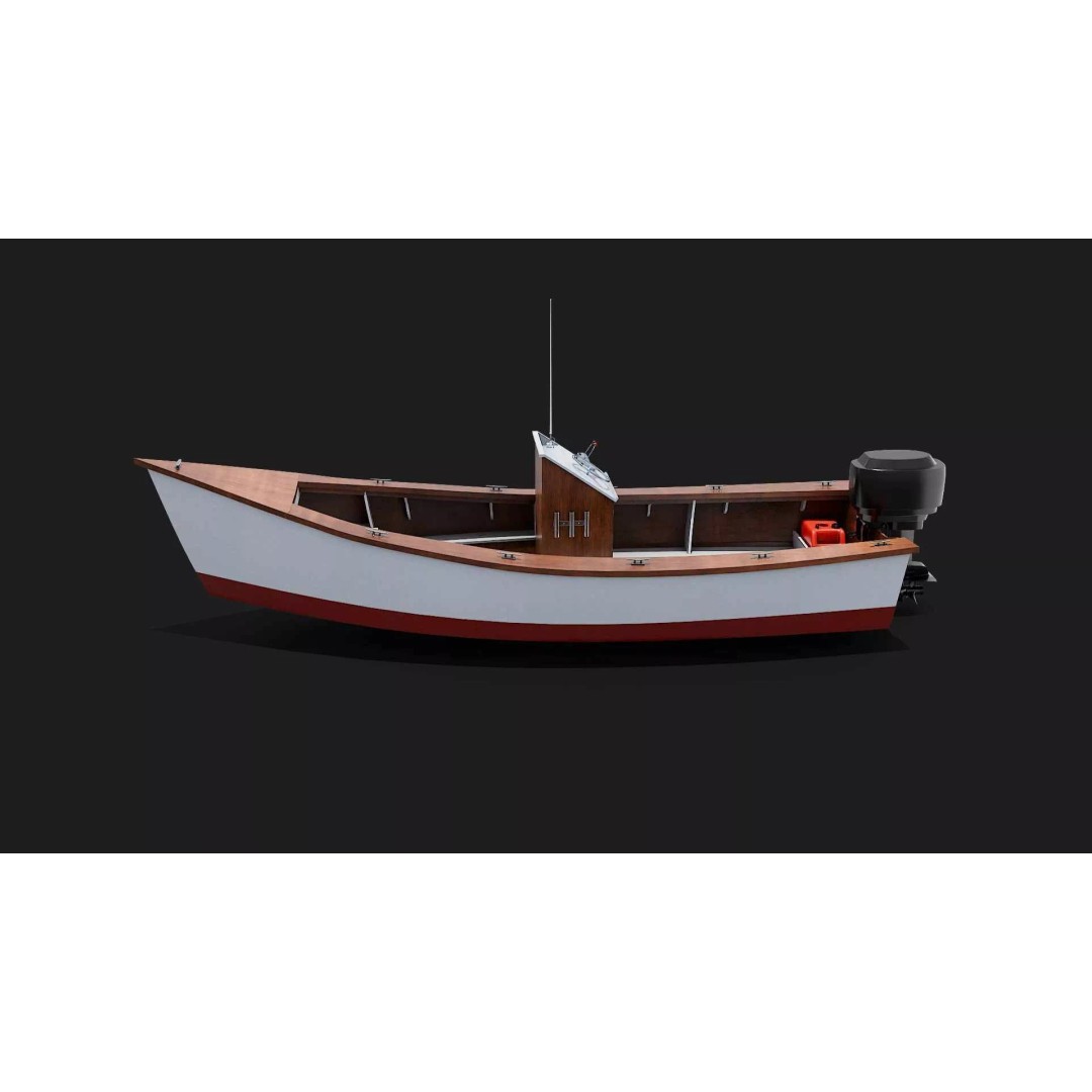 Lumber Yard Skiff 3D Model – Detailed Wooden Boat with Outboard Motor - View 6