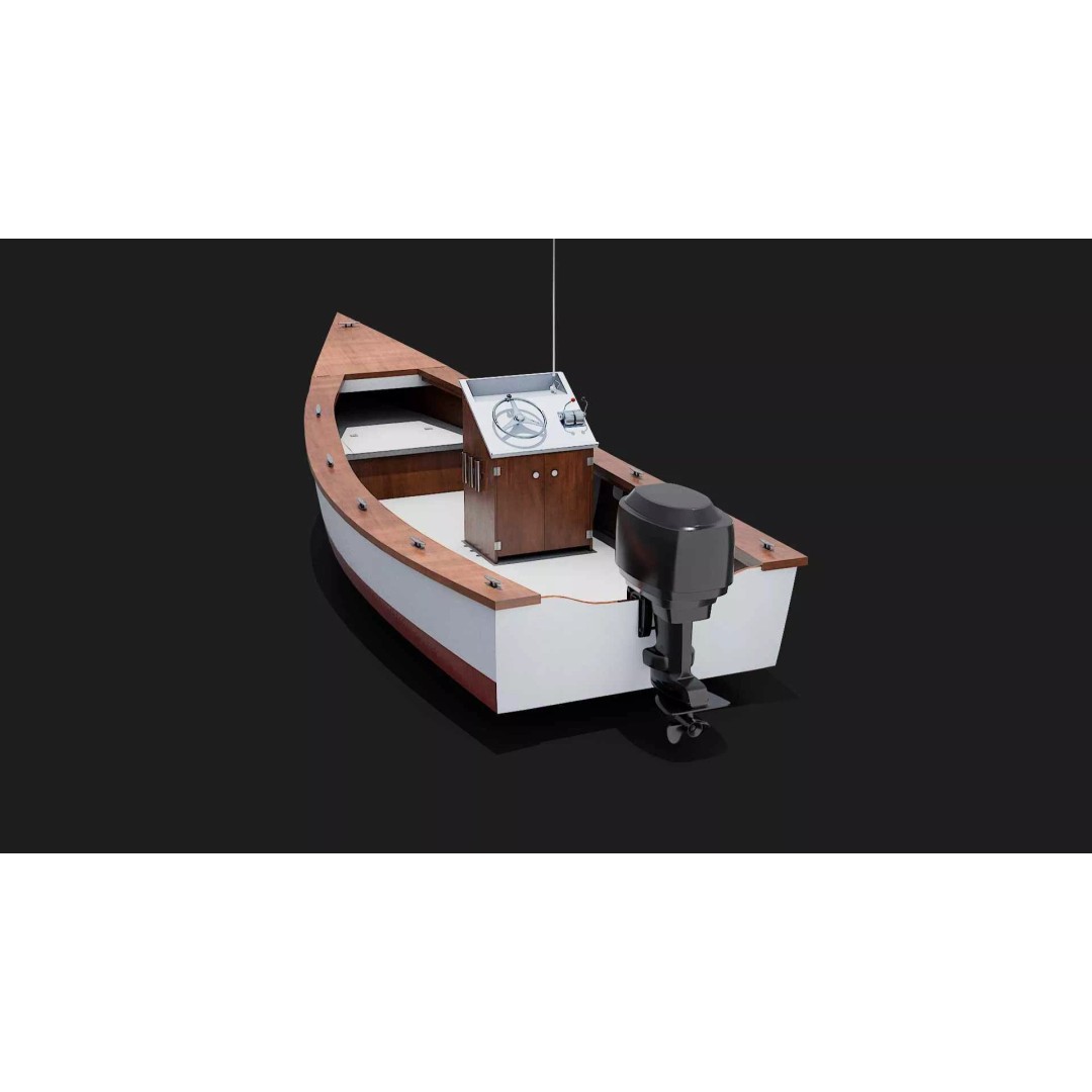 Lumber Yard Skiff 3D Model – Detailed Wooden Boat with Outboard Motor - View 7