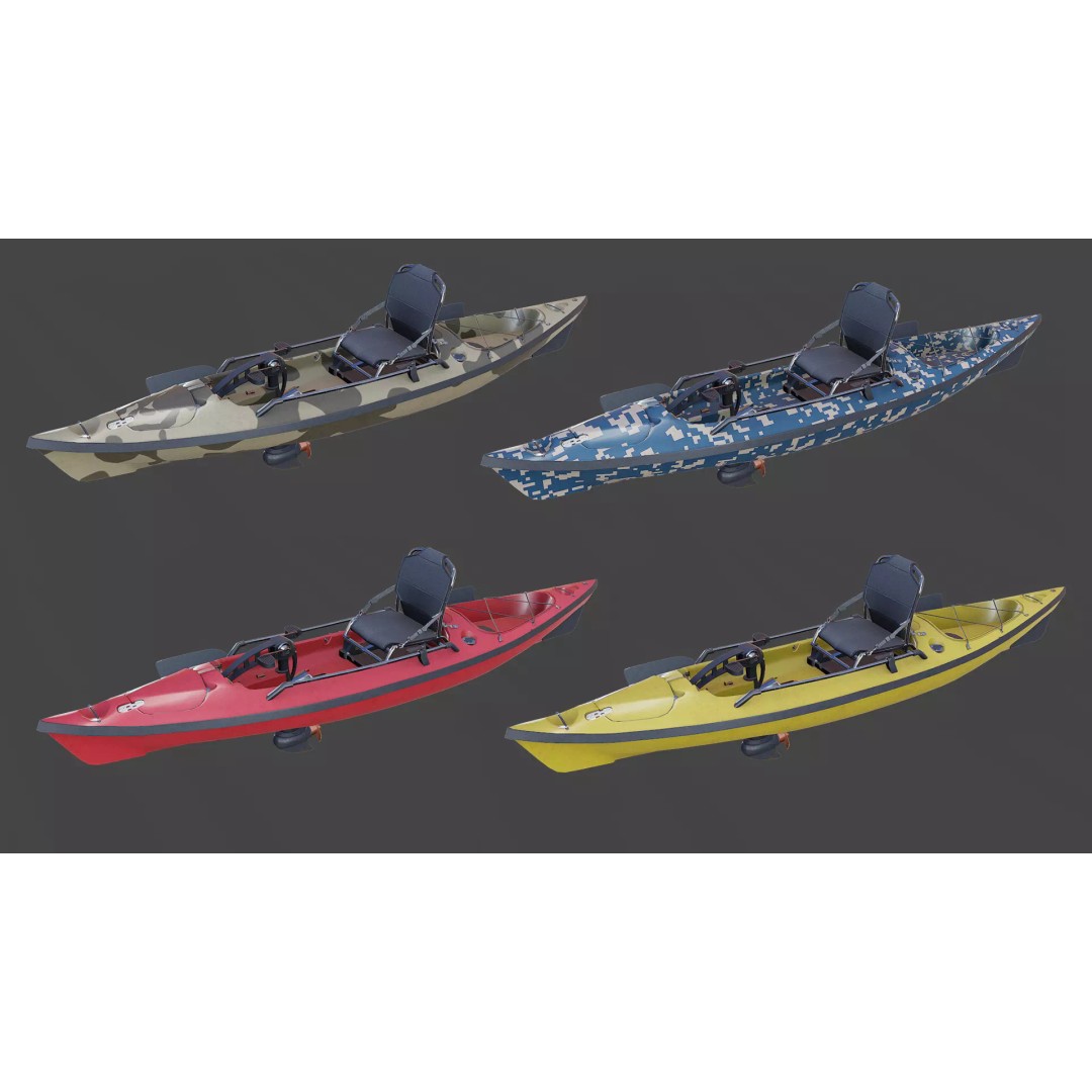Fishing Kayak 3D Model – Low Poly PBR Game Asset, FBX, OBJ - View 3