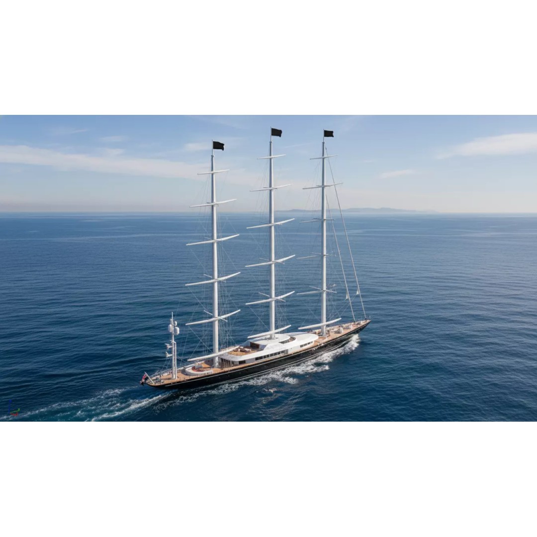 Three-Masted Barque Superyacht 3D Model – Modern Luxury Tall Ship, FBX - View 2