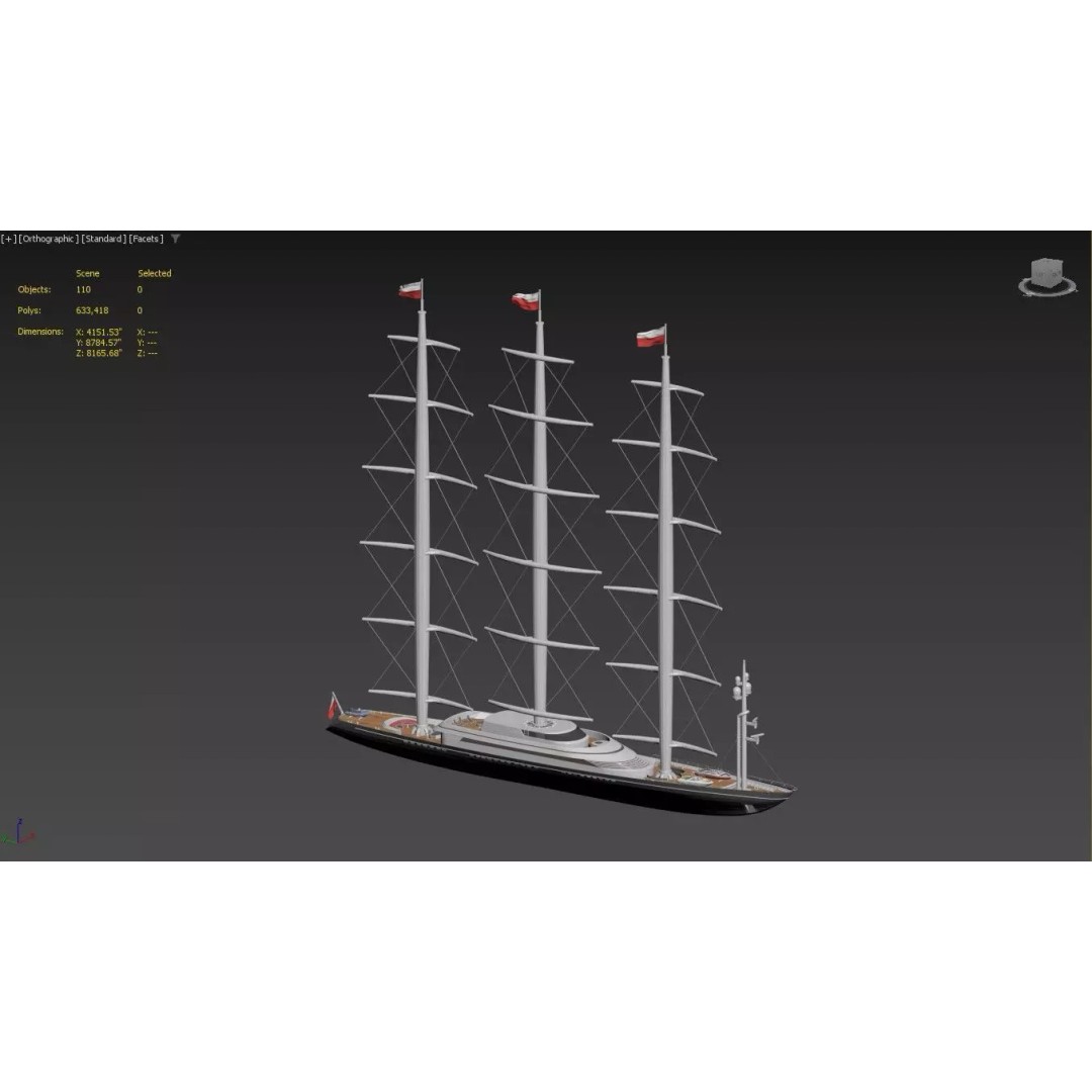 Three-Masted Barque Superyacht 3D Model – Modern Luxury Tall Ship, FBX - View 5