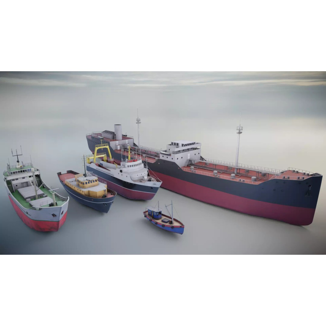 Industrial Ships 3D Model – Low Poly Watercraft, FBX, Game Ready - View 2