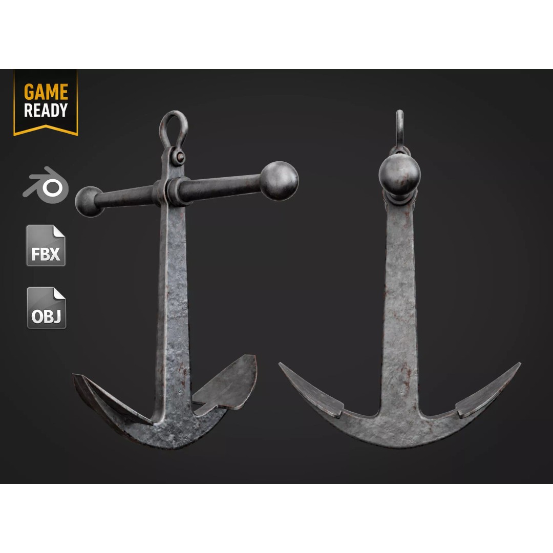 Ship Anchor 3D Model – Low Poly PBR Asset for Games, FBX, OBJ - View 2