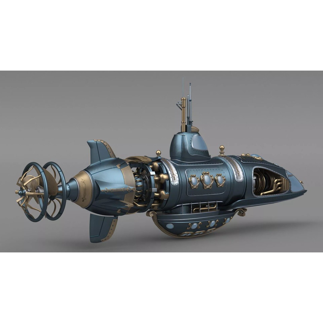 Steampunk Submarine 3D Model – High Poly PBR Asset, FBX, OBJ - View 10