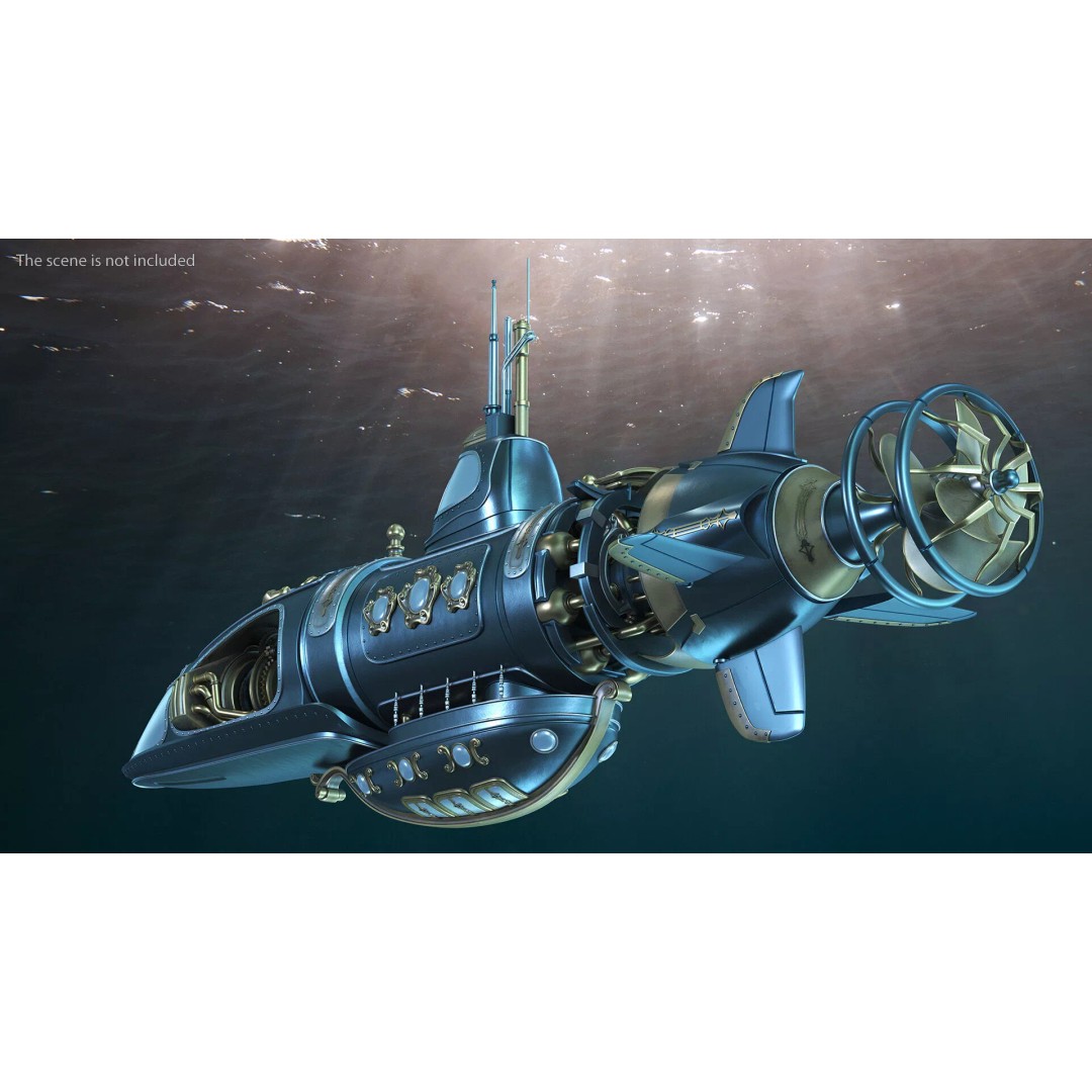 Steampunk Submarine 3D Model – High Poly PBR Asset, FBX, OBJ - View 4