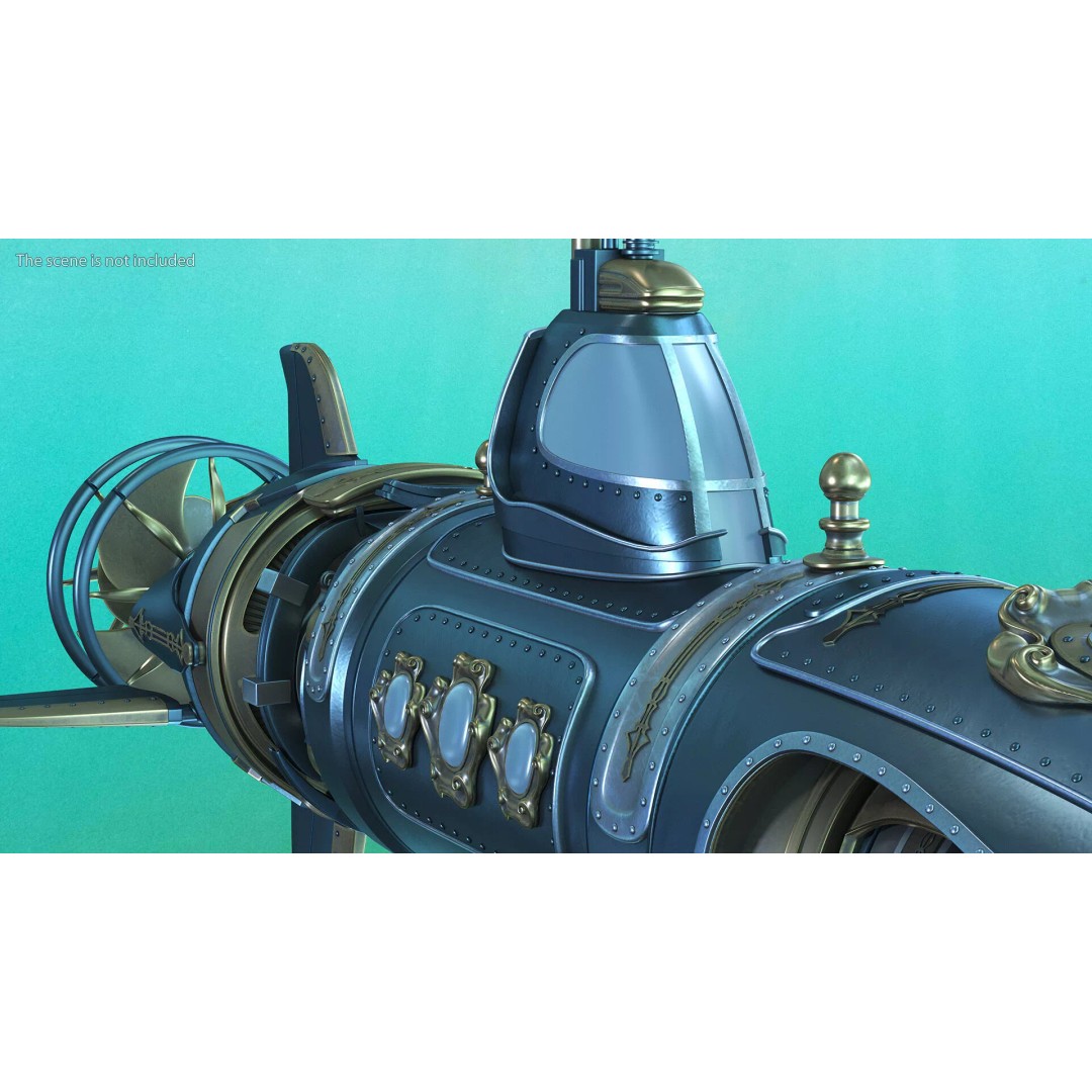 Steampunk Submarine 3D Model – High Poly PBR Asset, FBX, OBJ - View 8
