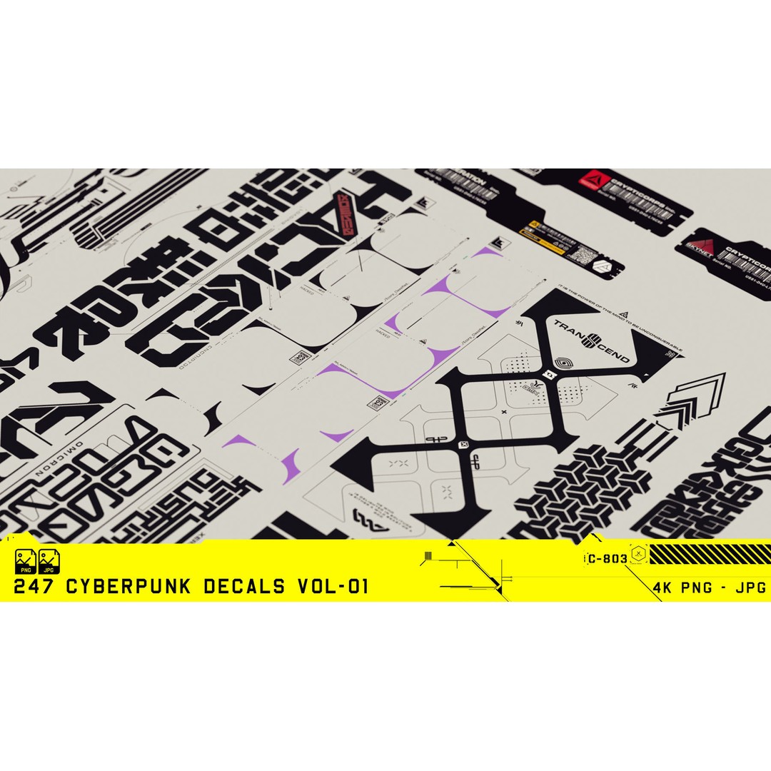 Cyberpunk Decals 3D Model – Unique Sci-Fi Graphics, PNG/JPG - View 3