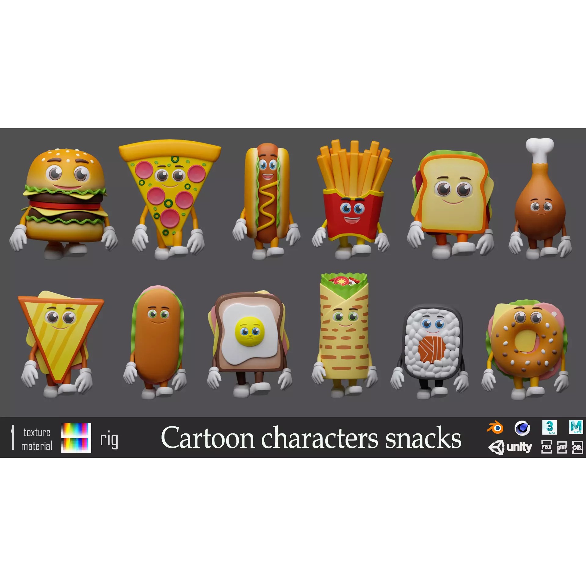 Cartoon Characters Snacks - Low-Poly Game-Ready 3D Model - View 2