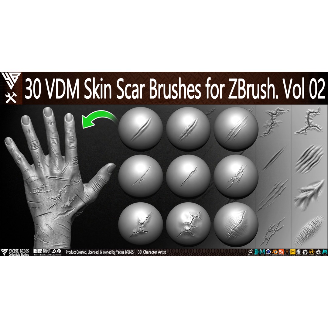 VDM Skin Scar Brushes 3D Model – ZBrush Texture Pack, 30 Brushes