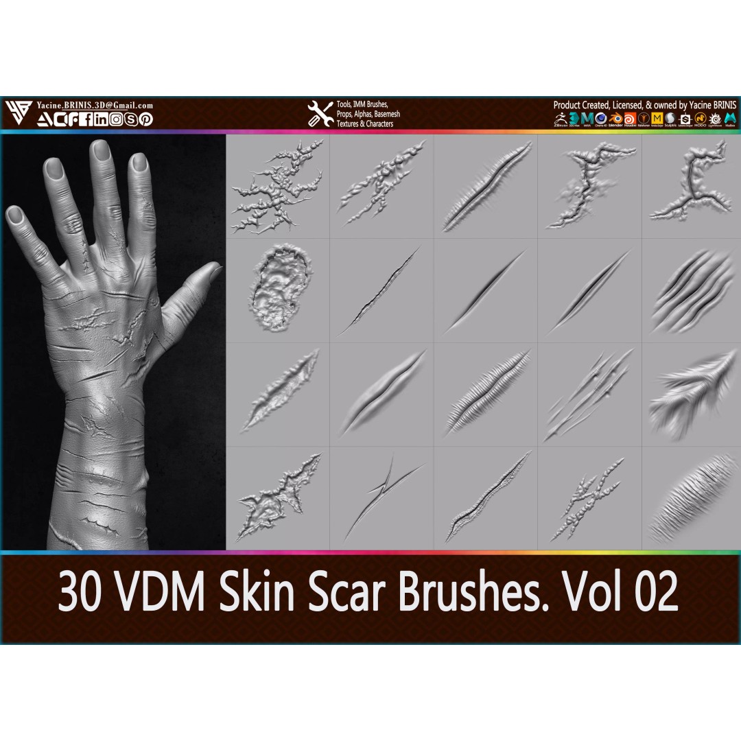 VDM Skin Scar Brushes 3D Model – ZBrush Texture Pack, 30 Brushes - View 2